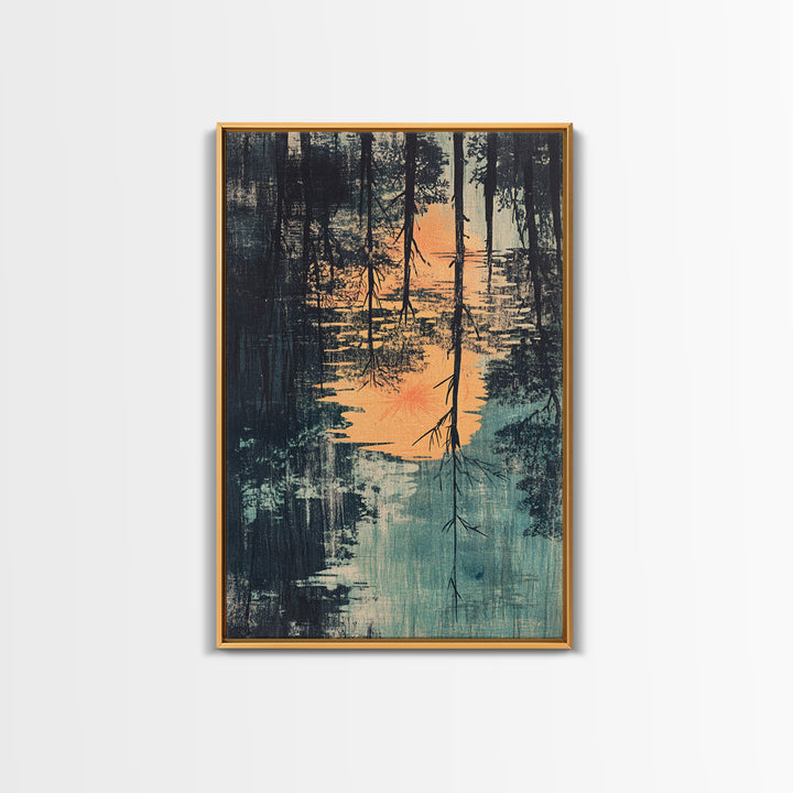 Misty Forest Lake Reflection Wall Art, Moody Landscape Print, Nature Wall Decor, Rustic Home Decor, Framed Canvas Print