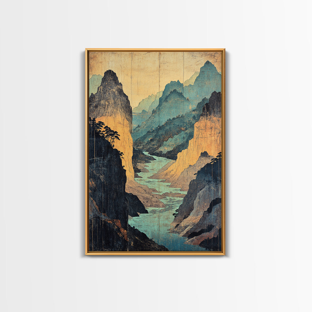 Turquoise Canyon River Mountains Wall Art, Japanese Landscape Print, Asian Inspired Travel Decor, Large Framed Canvas Print