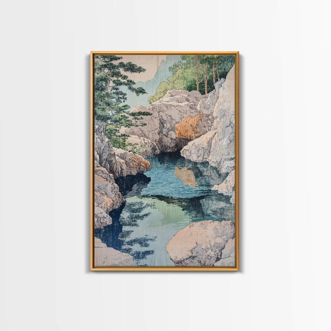 Rocky Mountain Stream And Pine Forest Wall Art, Japanese Landscape Print, Nature Wall Decor, Serene Spa Decor, Home Decor
