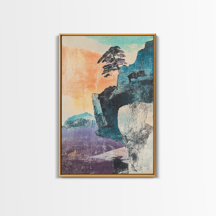 Pastel Sea Cliff With Windblown Pine Wall Art, Japanese Coastal Print, Japandi Decor, Minimalist Landscape, Living Room Decor