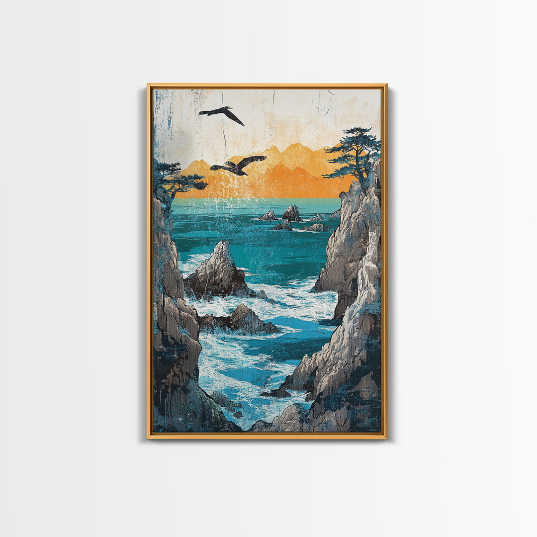 Ocean Cliffs With Flying Birds Canvas Print, Japanese Seascape Wall Art, Coastal Decor, Nautical Art, Living Room Decor, Gift For Him