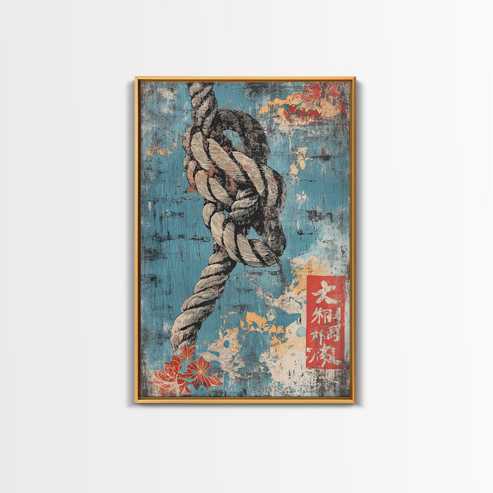 Weathered Nautical Rope Knot Wall Art, Coastal Maritime Print, Blue Ocean Decor, Rustic Beach House Large Framed Canvas Print