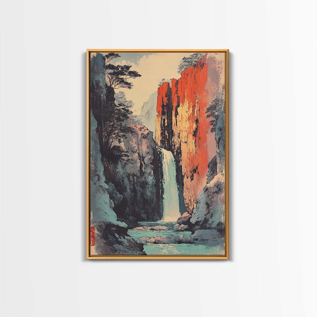 Canyon Waterfall And Red Rock Cliffs Wall Art, Japanese Landscape Print, Nature Decor, Large Serene Mountain Canvas Print