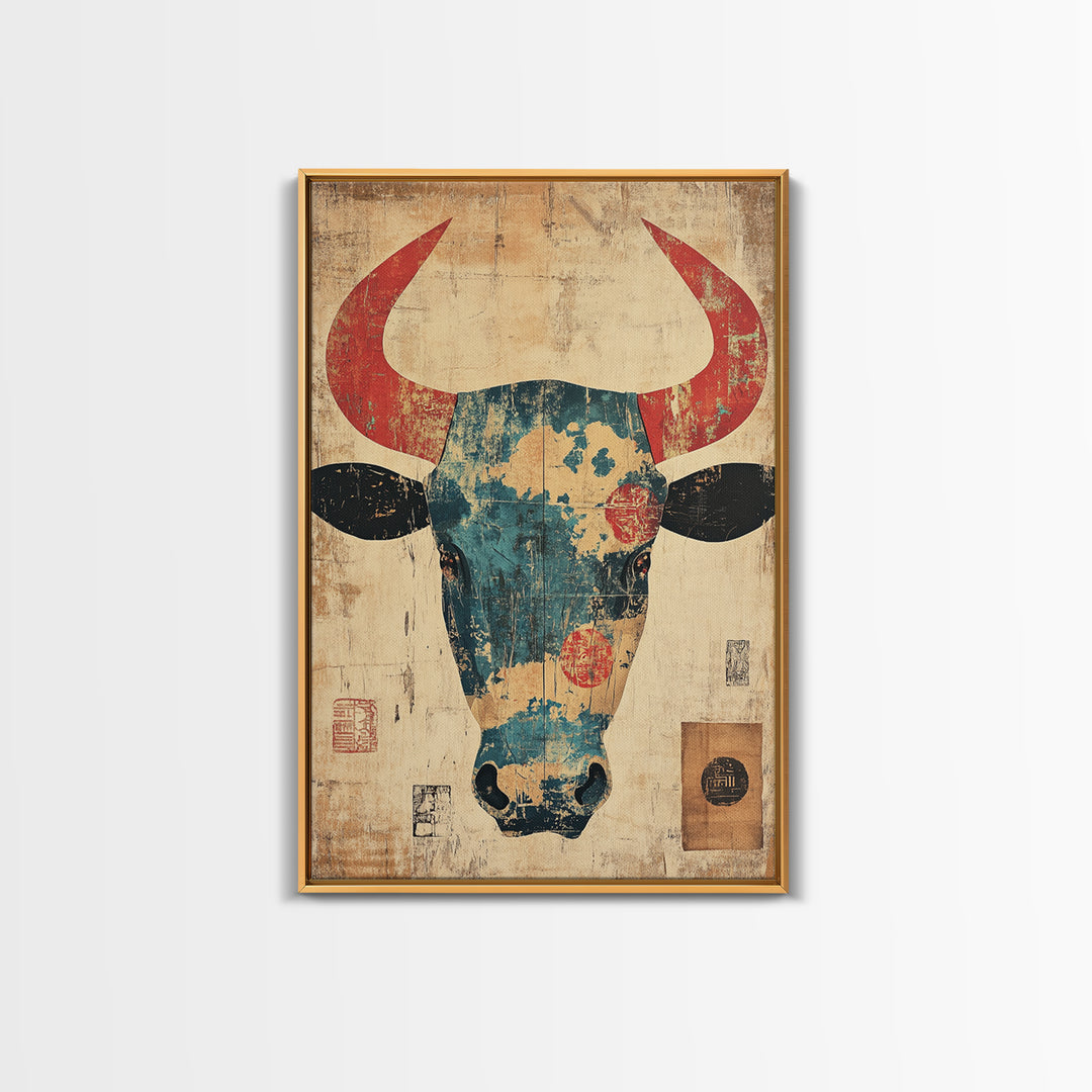 Distressed Turquoise Bull Head With Red Horns Wall Art, Western Tribal Canvas Print, Rustic Ranch Decor, Bold Animal Art