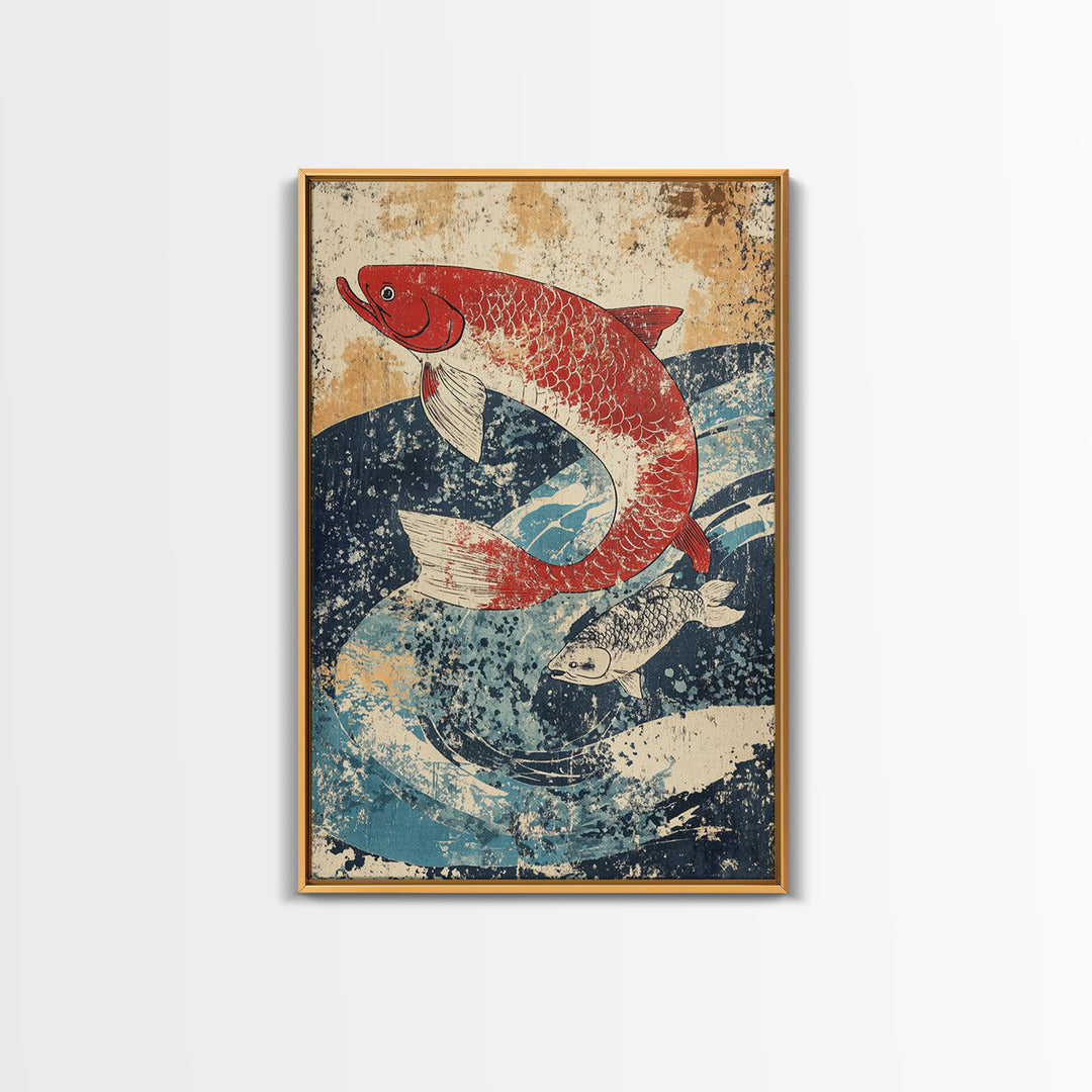 Red Koi Fish Swimming Through Blue Waves Wall Art, Japanese Canvas Print, Coastal Animal Decor, Feng Shui Living Room Art