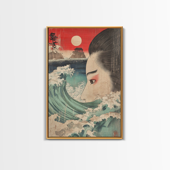 Ukiyo E Woman Face With Ocean Wave Canvas Print, Japanese Wall Art, Coastal Decor, Asian Inspired Art, Living Room Decor