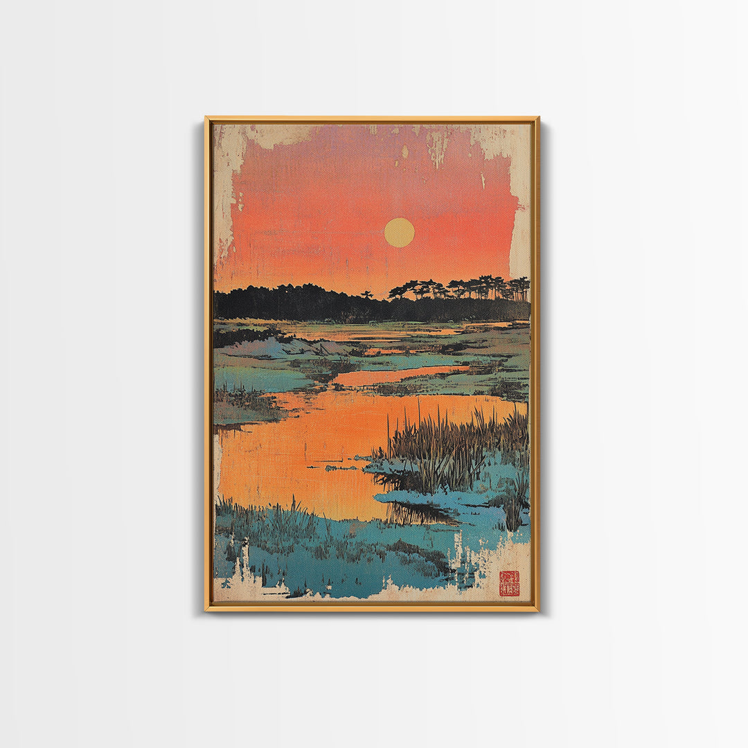 Serene Marsh Sunset Over Blue Wetlands Wall Art, Japanese Landscape Print, Nature Wall Decor, Coastal Home Decor, Zen Gift