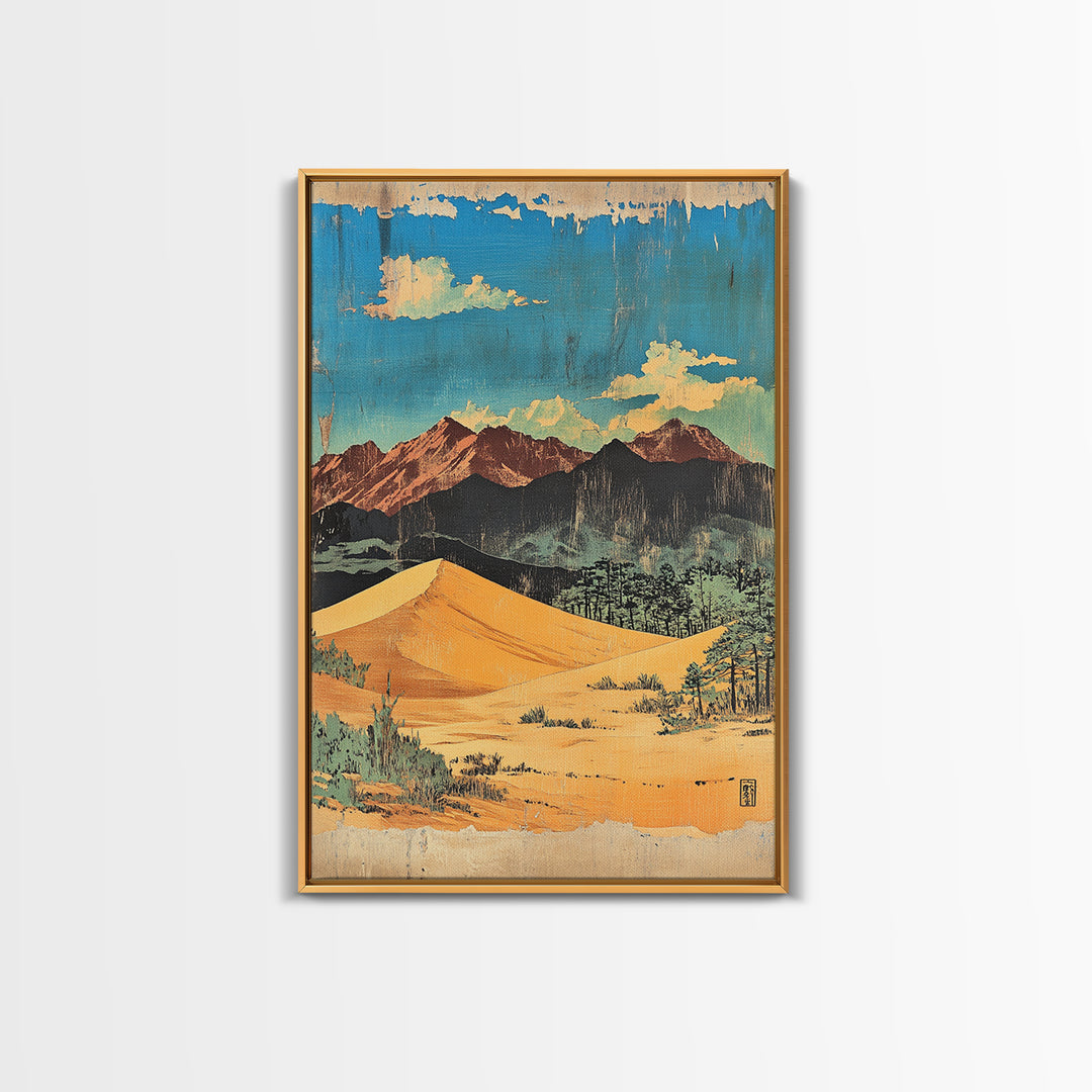 Golden Desert Dunes And Rugged Mountains Wall Art, Southwestern Landscape Print, Cactus Decor, Modern Western Home Decor