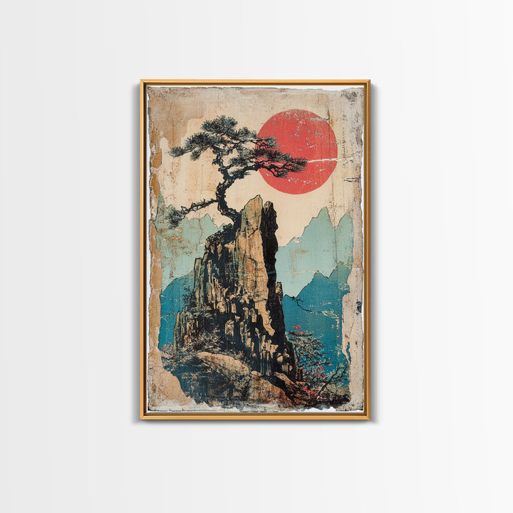 Lone Pine On Rocky Mountain Peak Canvas Print, Asian Landscape Wall Art, Japandi Decor, Nature Wall Decor, Zen Home Gift
