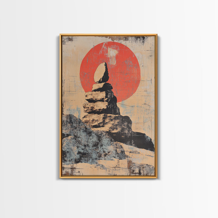 Balanced Zen Stones Before Red Sun Wall Art, Wabi Sabi Decor, Meditation Room Print, Minimalist Japanese Home Decor Gift