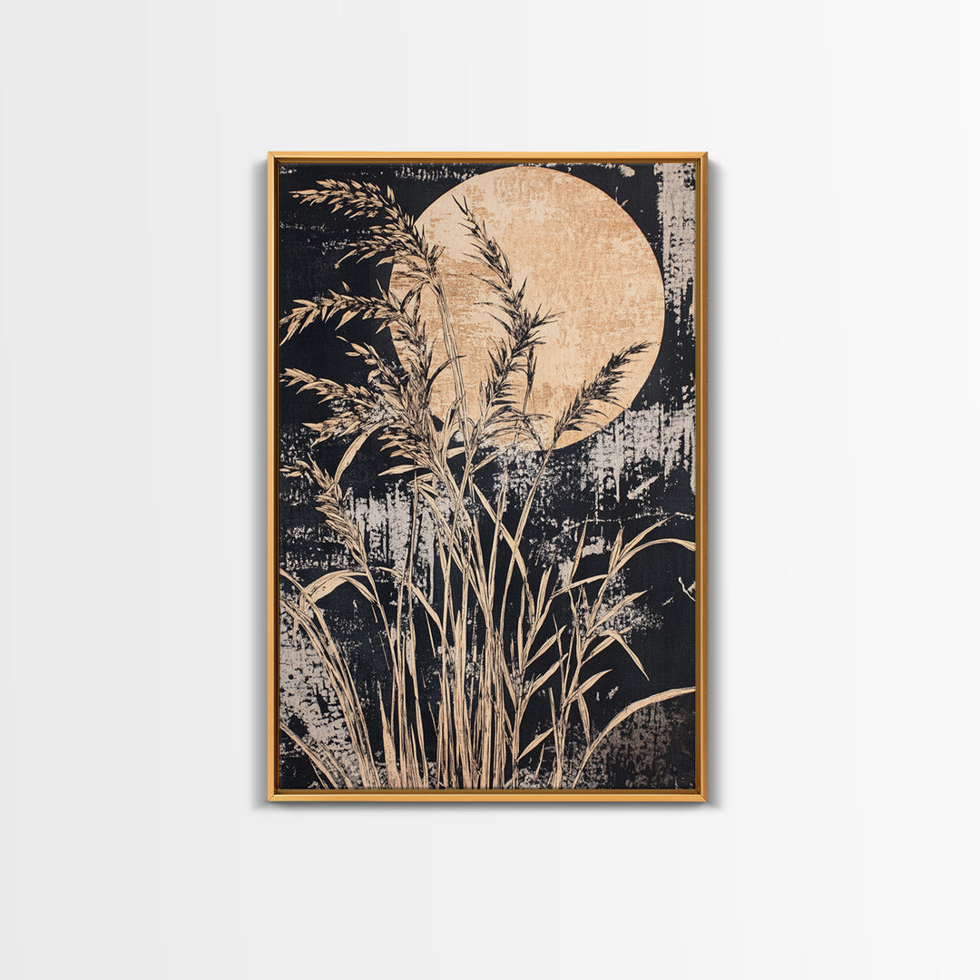 Moonlit Pampas Grass Canvas Print, Botanical Wall Art, Black And White Art, Neutral Wall Decor, Japandi Decor, Bedroom Art