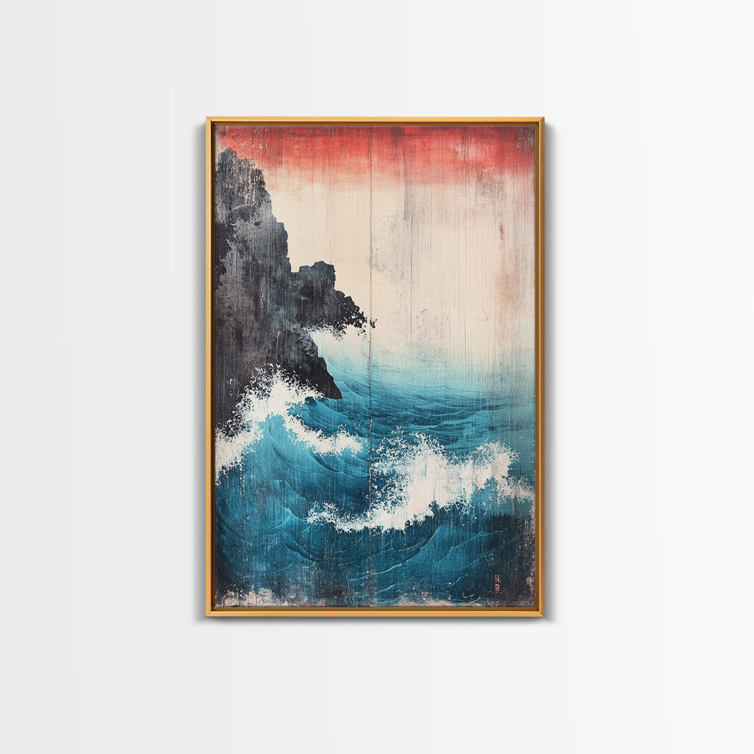 Dramatic Blue Wave And Cliff Canvas Print, Japanese Seascape Wall Decor, Coastal Ocean Art For Living Room Decor, Beach House Gift
