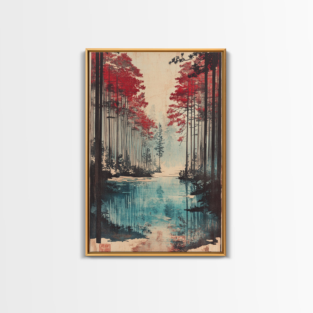 Red Pine Forest Lake Wall Art, Japanese Landscape Print, Moody Nature Wall Decor, Large Living Room Canvas Decor For Home