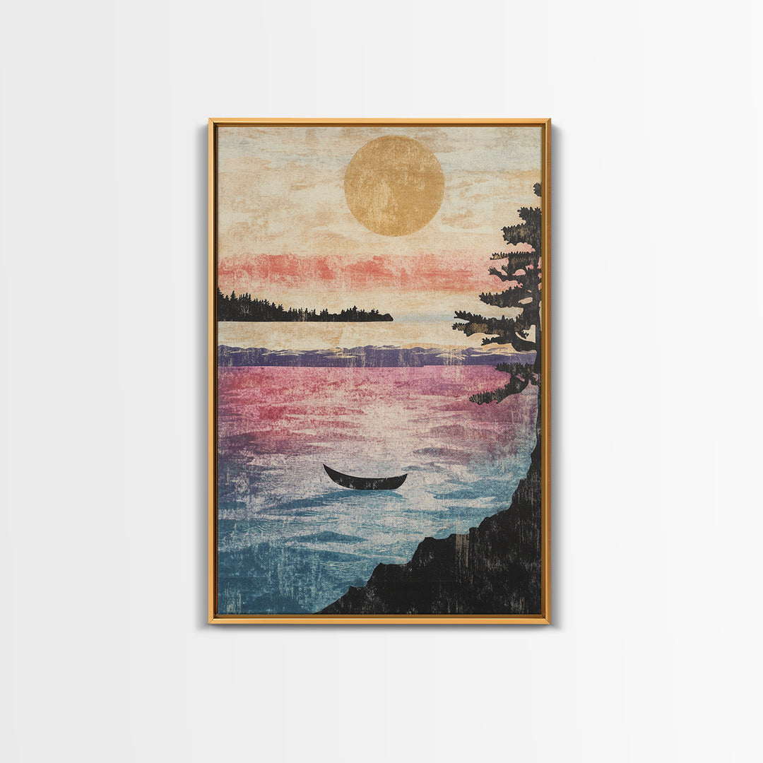 Golden Sunset Canoe On Quiet Lake Wall Art, Japandi Landscape Print, Coastal Cabin Decor, Serene Living Room Canvas Home Decor
