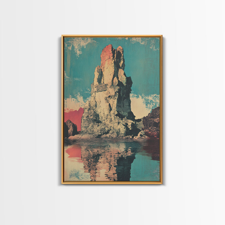 Turquoise Sea Stack Island At Sunset Wall Art, Retro Coastal Landscape Print, Ocean Rock Nature Decor, Modern Beach House