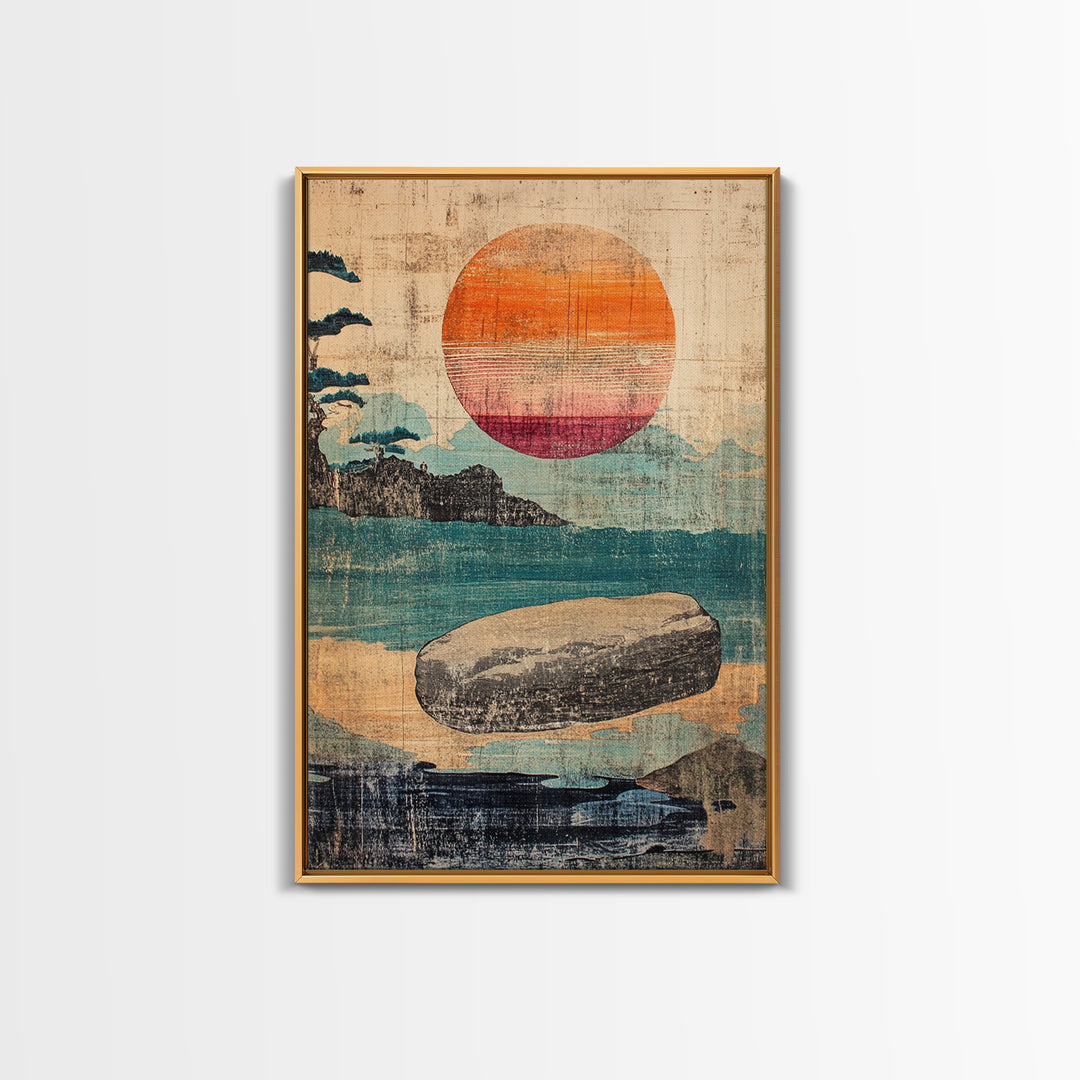 Floating Stone Over Teal Water At Sunset Canvas Print, Japandi Zen Wall Art, Minimalist Coastal Decor, Meditation Room Art