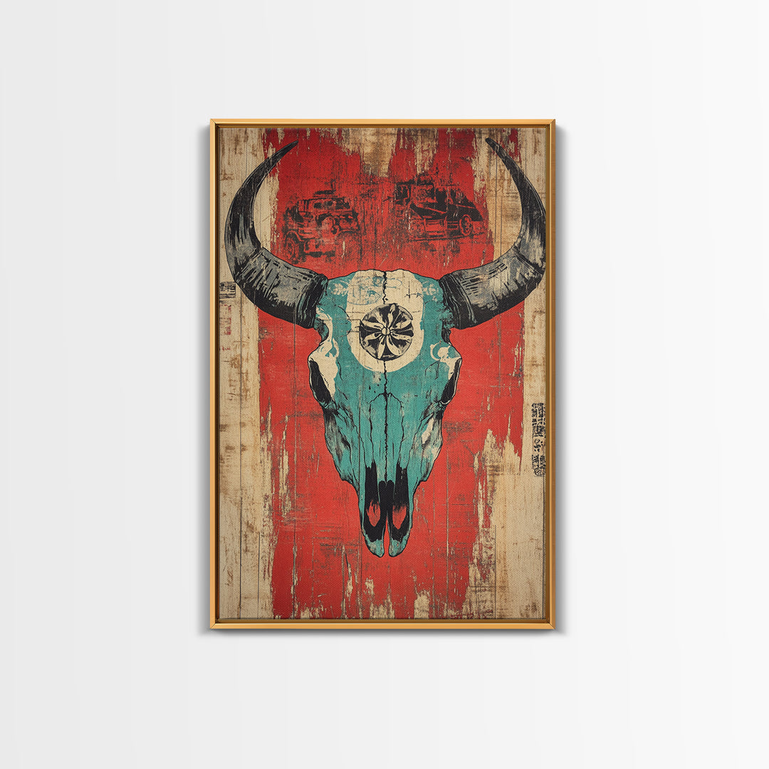 Turquoise Bull Skull On Red Rustic Wood Wall Art, Western Wall Decor, Southwestern Canvas, Tribal Home Decor For Living Room
