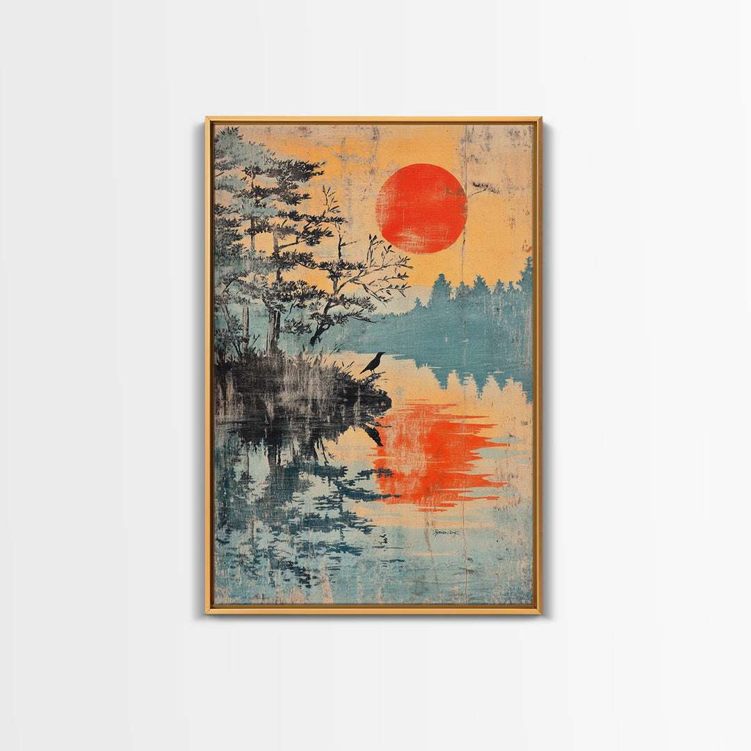 Red Sun Over Pine Lake Reflection Wall Art, Japanese Wall Decor, Japandi Landscape Print, Serene Nature Canvas For Living Room