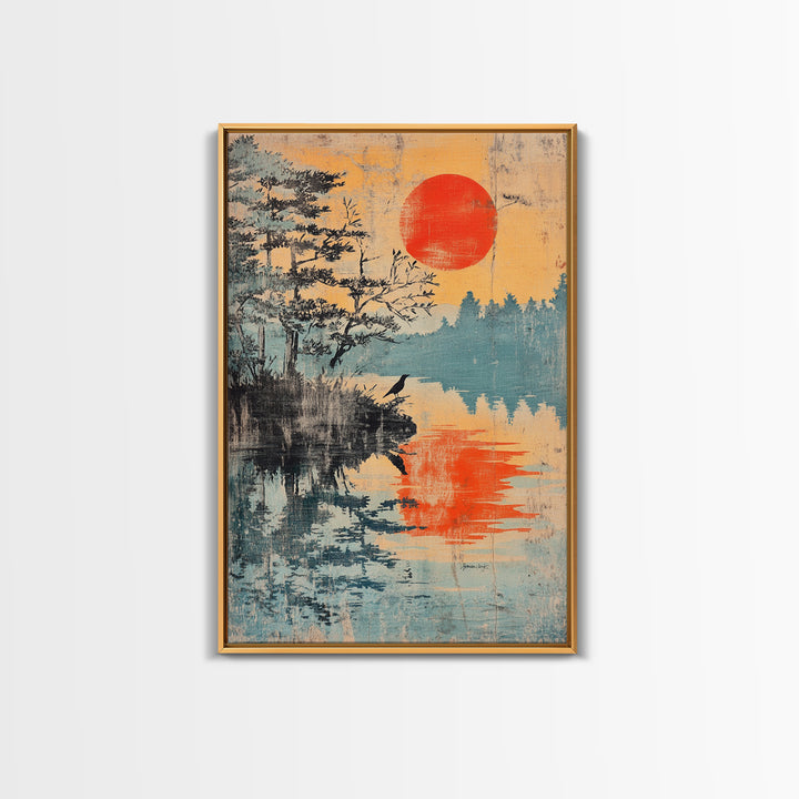 Red Sun Over Pine Lake Reflection Wall Art, Japanese Wall Decor, Japandi Landscape Print, Serene Nature Canvas For Living Room