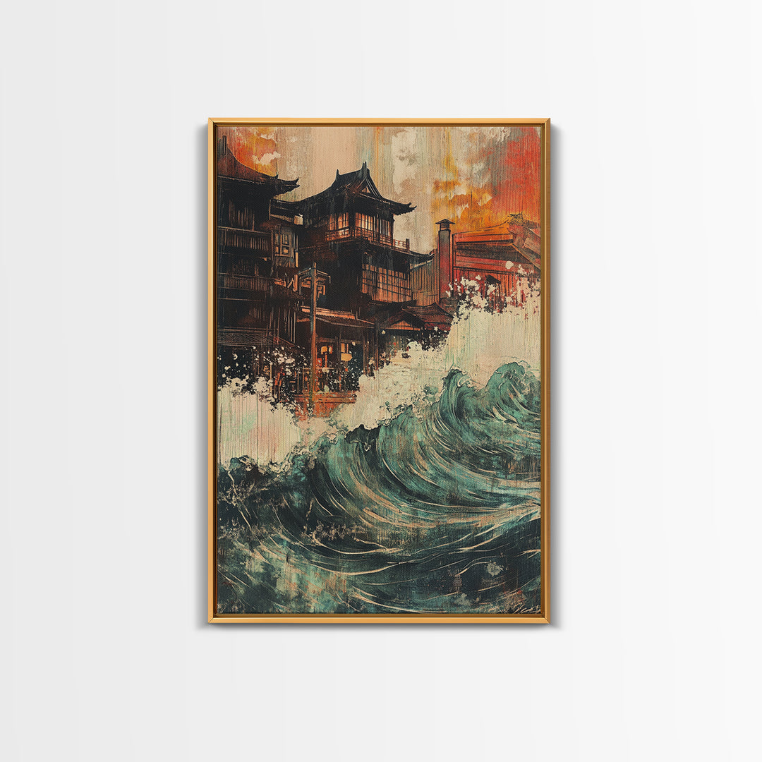 Japanese Pagoda Village With Crashing Wave Wall Art, Coastal Wall Decor, Asian Inspired Art, Dramatic Canvas Print For Living Room