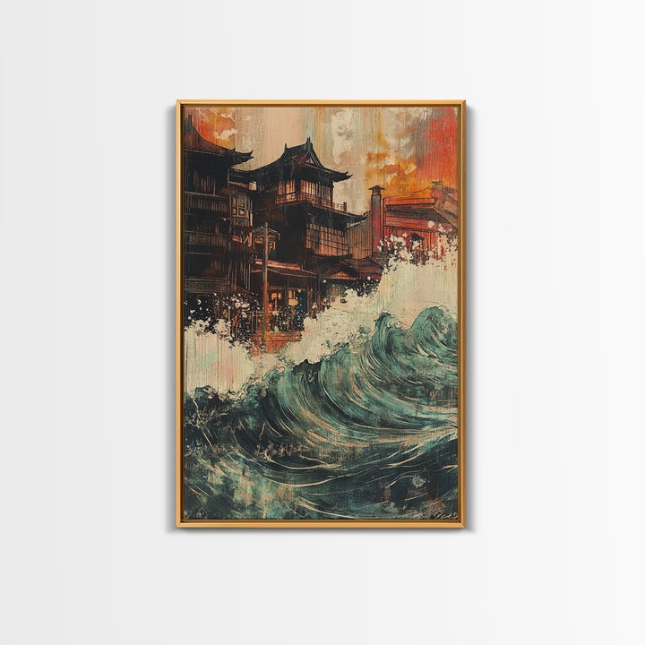 Japanese Pagoda Village With Crashing Wave Wall Art, Coastal Wall Decor, Asian Inspired Art, Dramatic Canvas Print For Living Room