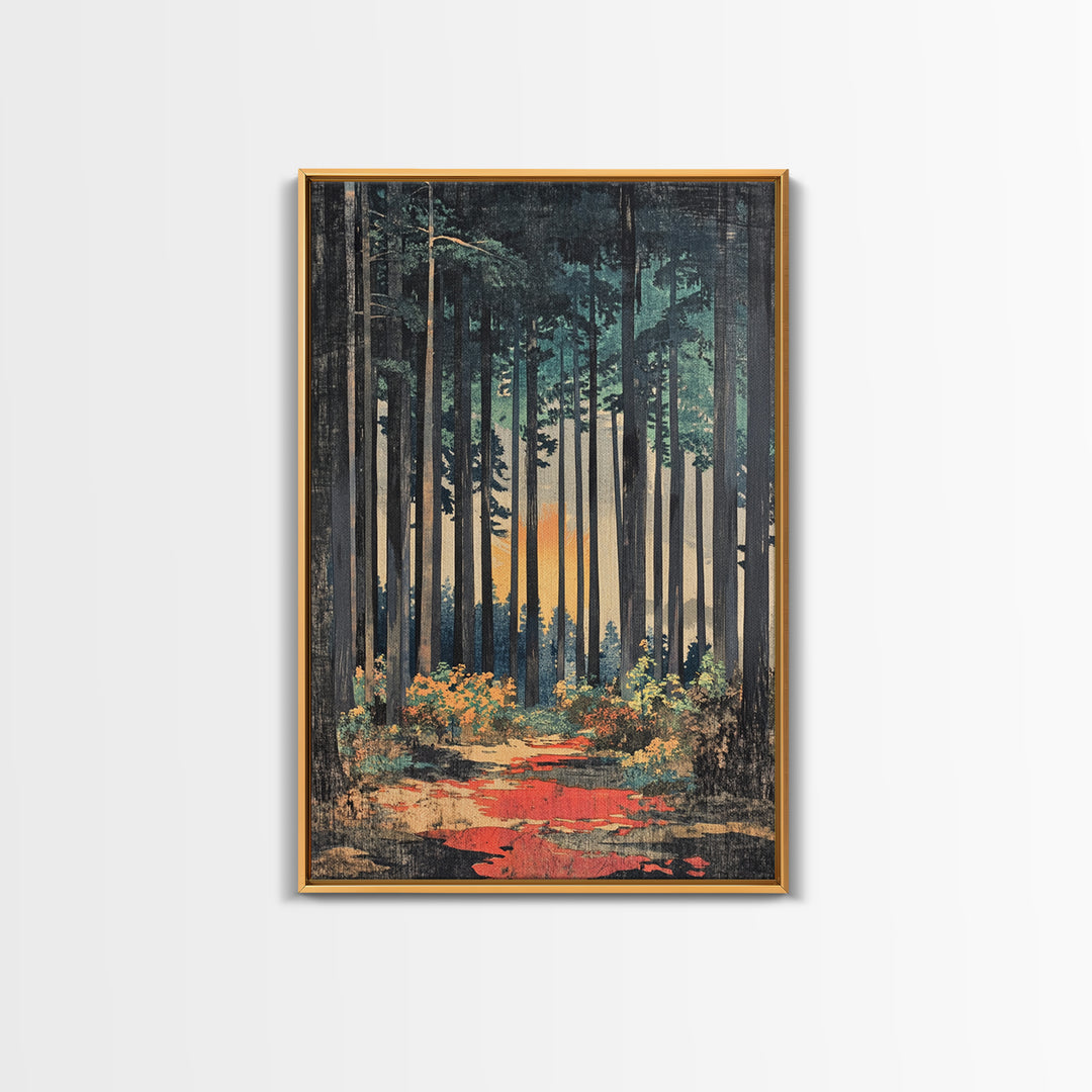 Tall Pine Forest Path At Sunset Wall Art, Nature Wall Decor, Moody Landscape Print, Woodland Canvas For Living Room Decor