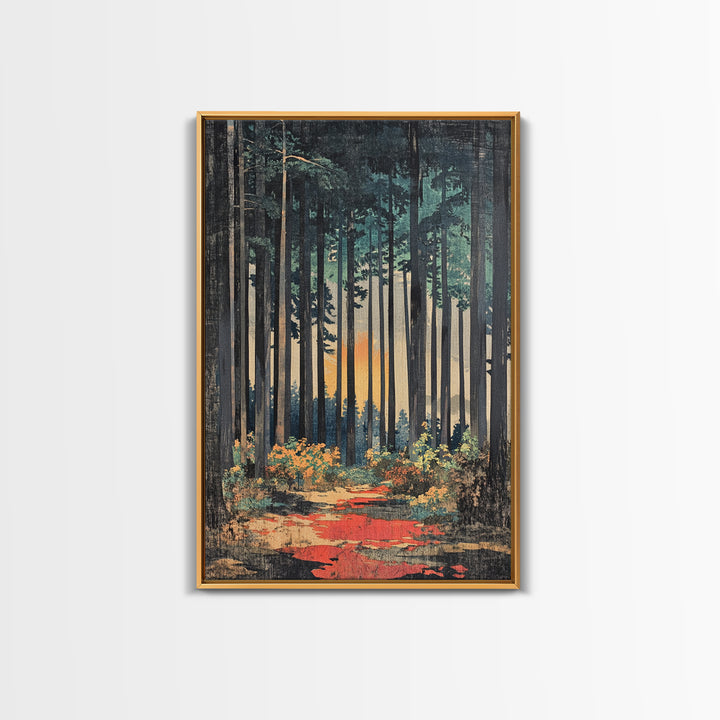Tall Pine Forest Path At Sunset Wall Art, Nature Wall Decor, Moody Landscape Print, Woodland Canvas For Living Room Decor