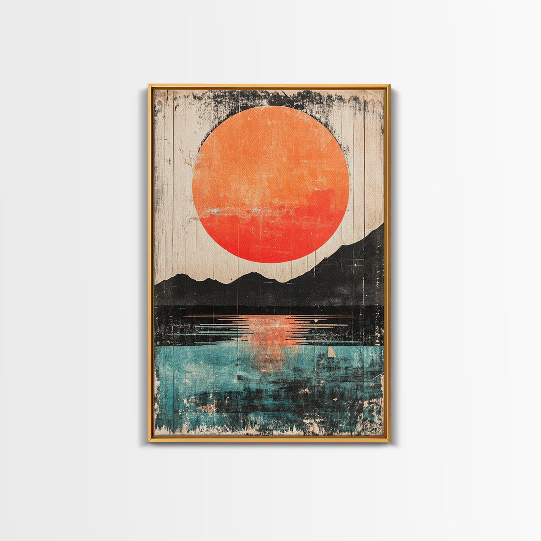 Giant Orange Sun Over Mountain Lake Wall Art, Japanese Wall Decor, Modern Landscape, Teal Canvas Print For Living Room Decor