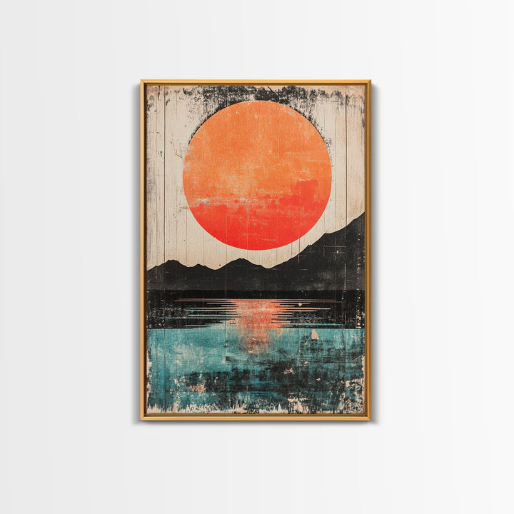 Giant Orange Sun Over Mountain Lake Wall Art, Japanese Wall Decor, Modern Landscape, Teal Canvas Print For Living Room Decor