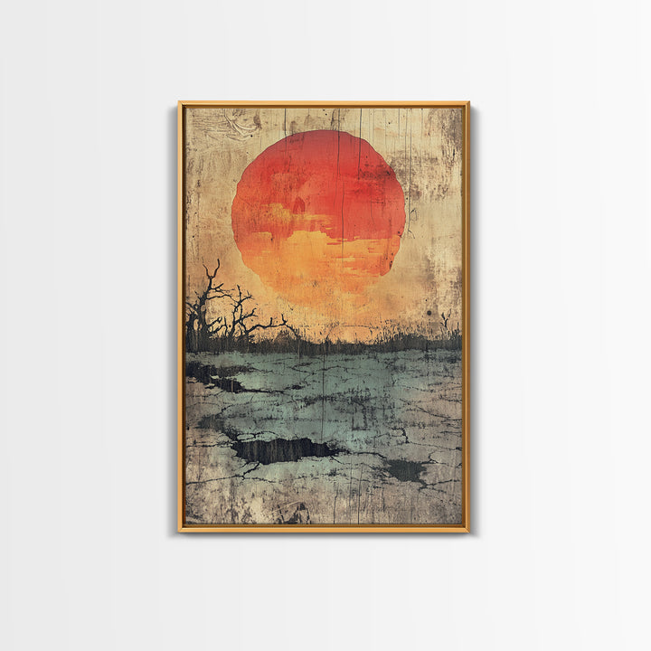 Large Orange Sun Over Barren Wetland Wall Art, Abstract Landscape, Moody Nature Print, Rustic Canvas For Living Room Decor