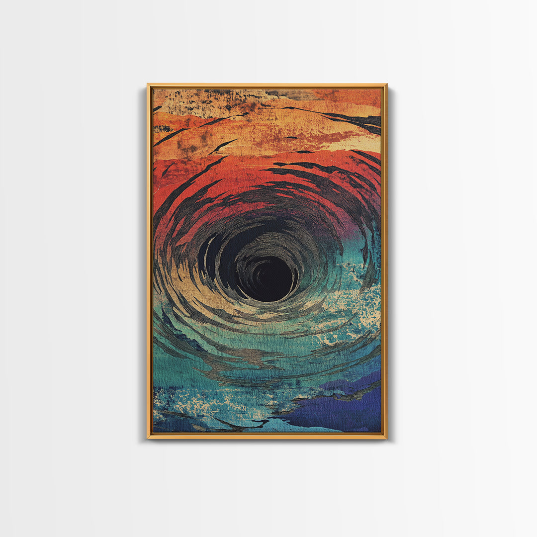 Abstract Ocean Vortex Wall Art, Teal Orange Whirlpool Print, Surreal Coastal Decor, Modern Statement Framed Canvas Print