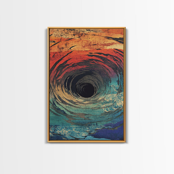 Abstract Ocean Vortex Wall Art, Teal Orange Whirlpool Print, Surreal Coastal Decor, Modern Statement Framed Canvas Print