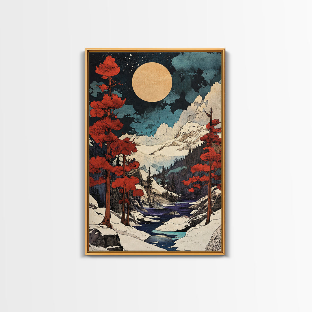 Full Moon Snowy Mountain Wall Art, Red Pine Japanese Landscape Canvas Print, Winter Forest Decor For Cabin Living Room Gift