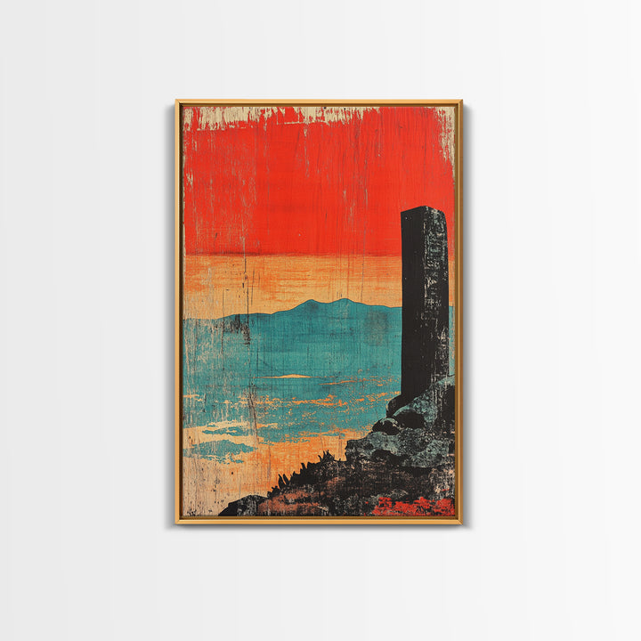 Orange Sunset Over Turquoise Sea Wall Art, Minimal Japanese Landscape Print, Coastal Zen Decor, Modern Living Room Art, Gift