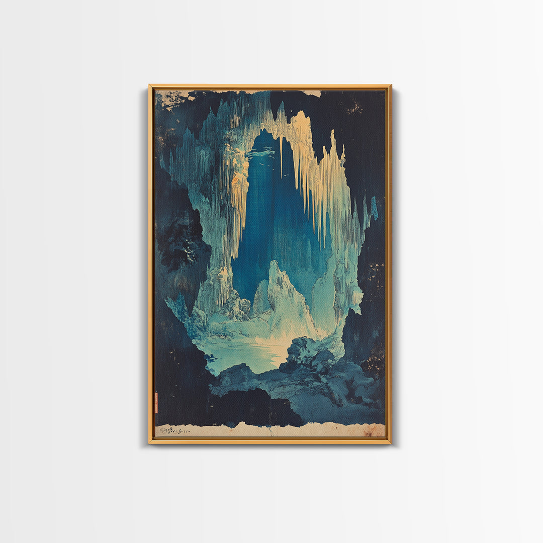Blue Ice Cave With Glowing Cavern Lake Framed Canvas Print, Fantasy Landscape Wall Art, Moody Nature Decor, Unique Office Art