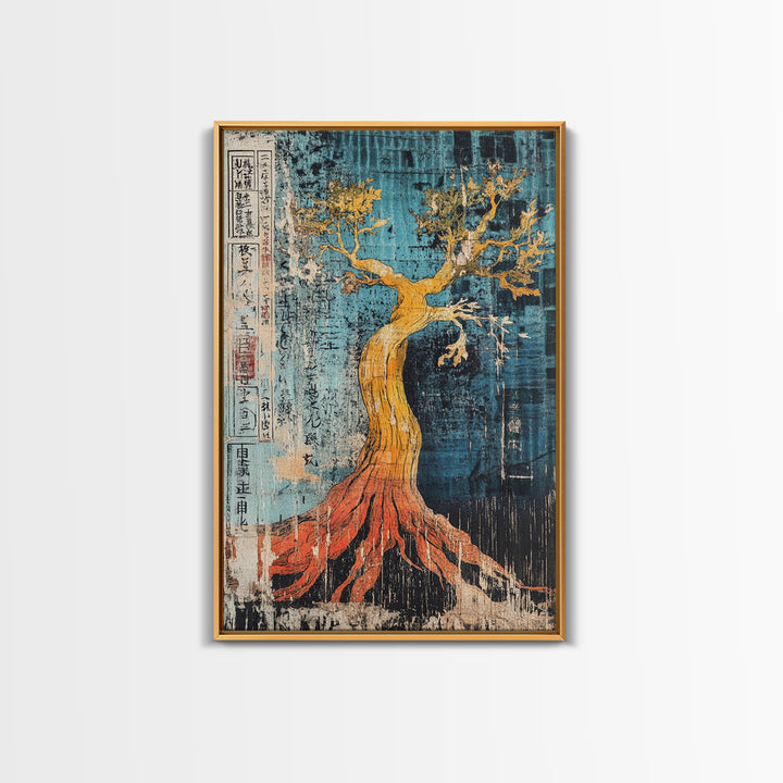 Golden Tree With Red Roots On Blue Canvas Print, Japanese Botanical Wall Art, Abstract Nature Decor, Organic Modern Home Decor