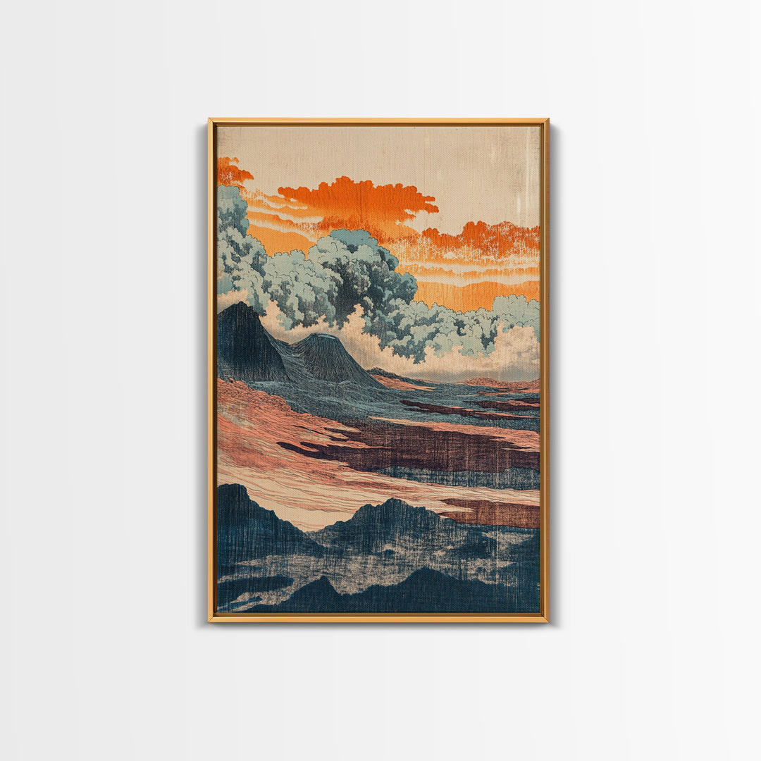 Orange Clouds Over Abstract Sea And Hills Wall Art, Japanese Landscape Print, Mid Century Modern Decor, Boho Living Room Art