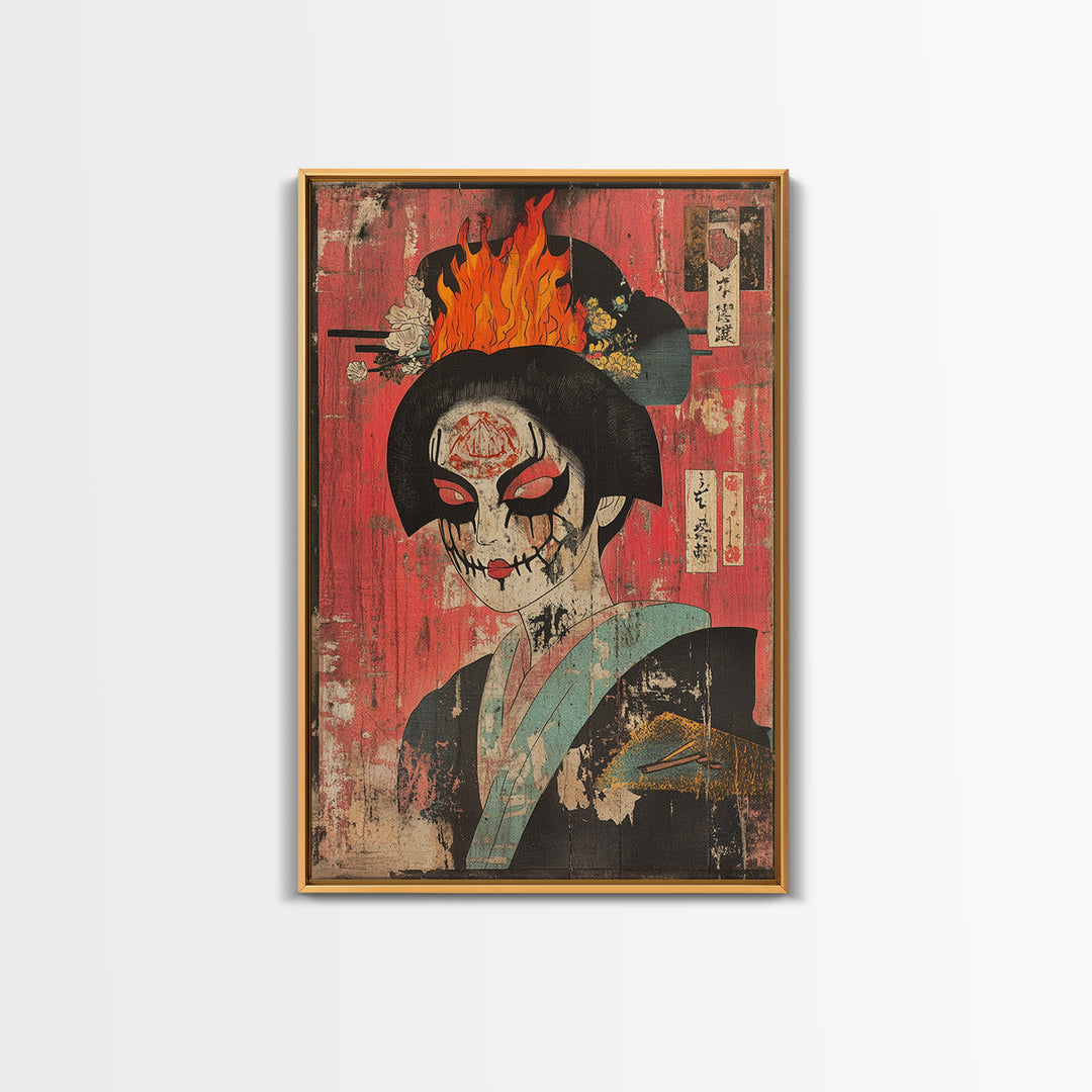 Gothic Geisha Skull With Flaming Headdress Canvas Print, Japanese Dark Wall Art, Surreal Portrait Decor, Moody Maximalist Art