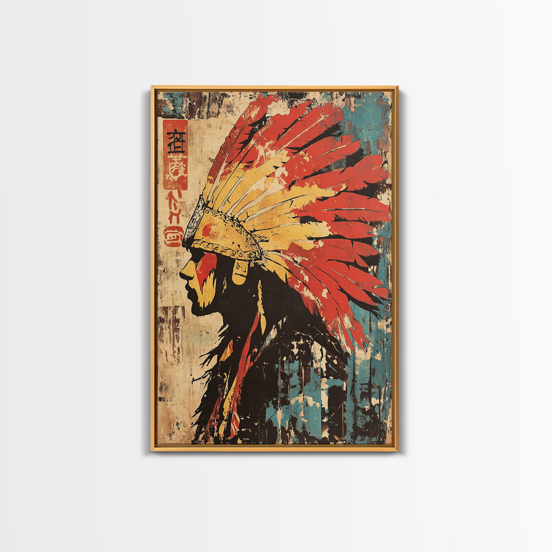 Indigenous Warrior Headdress Canvas Print, Tribal Wall Art, Southwestern Decor, Cultural Art Print, Bold Western Home Decor