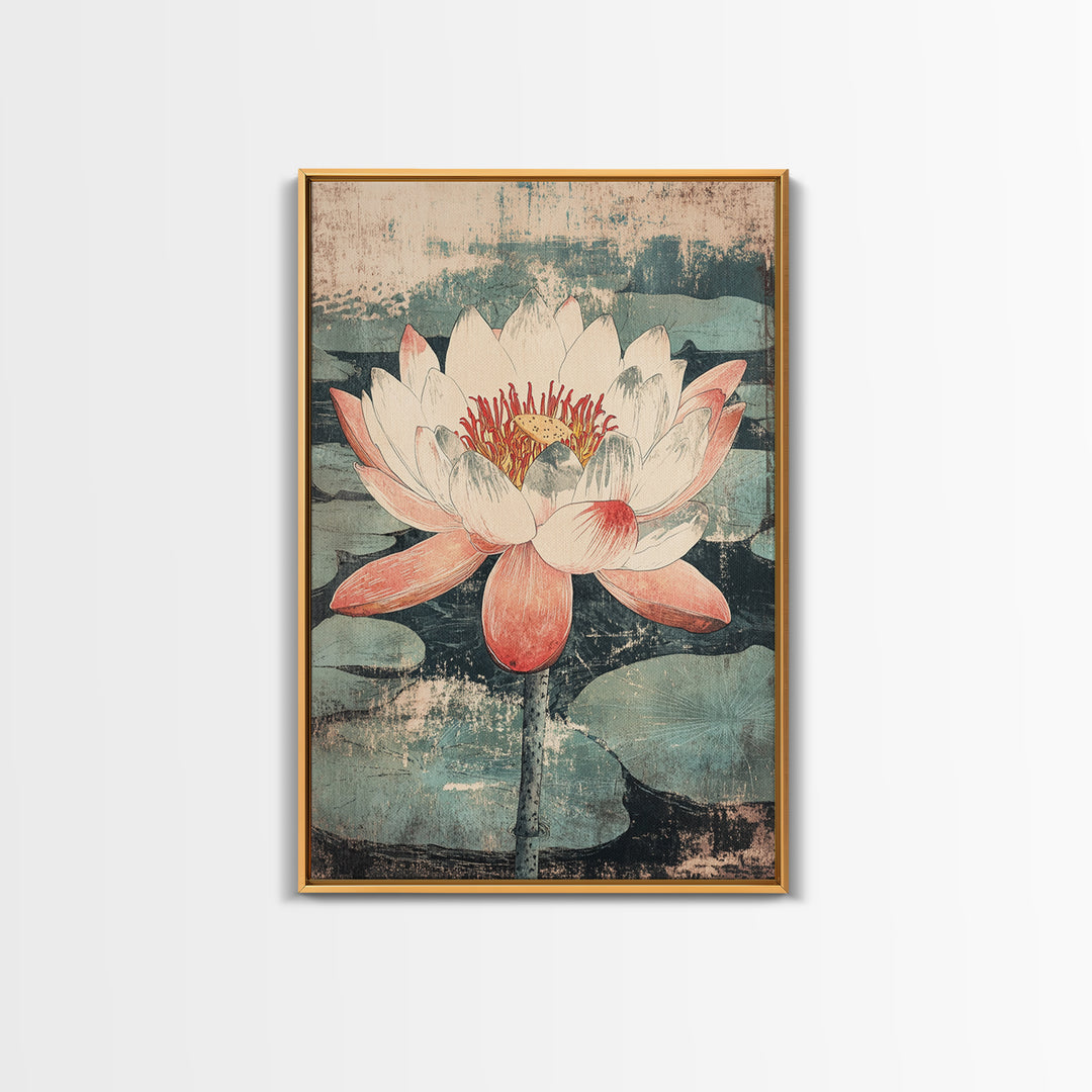 Pink Lotus Flower Botanical Wall Art, Japanese Canvas Print, Water Lily Pond Decor, Japandi Nature Art For Bedroom Decor