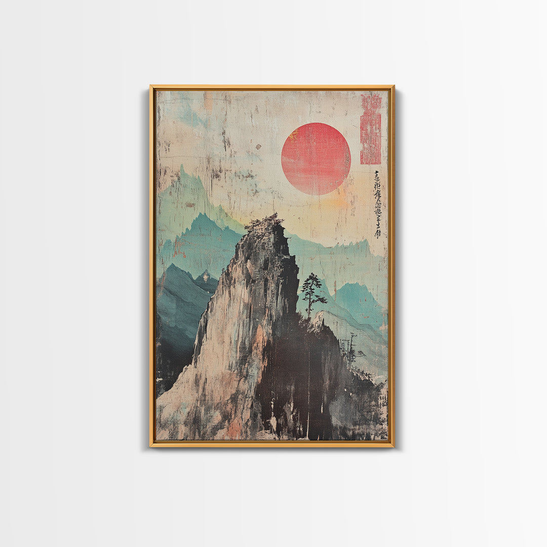 Misty Mountain Peak With Red Sun Wall Art, Japanese Landscape Print, Zen Home Decor, Calm Office Decor, Nature Wall Art Print