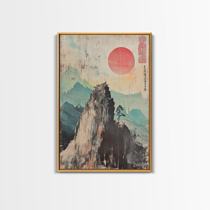 Misty Mountain Peak With Red Sun Wall Art, Japanese Landscape Print, Zen Home Decor, Calm Office Decor, Nature Wall Art Print
