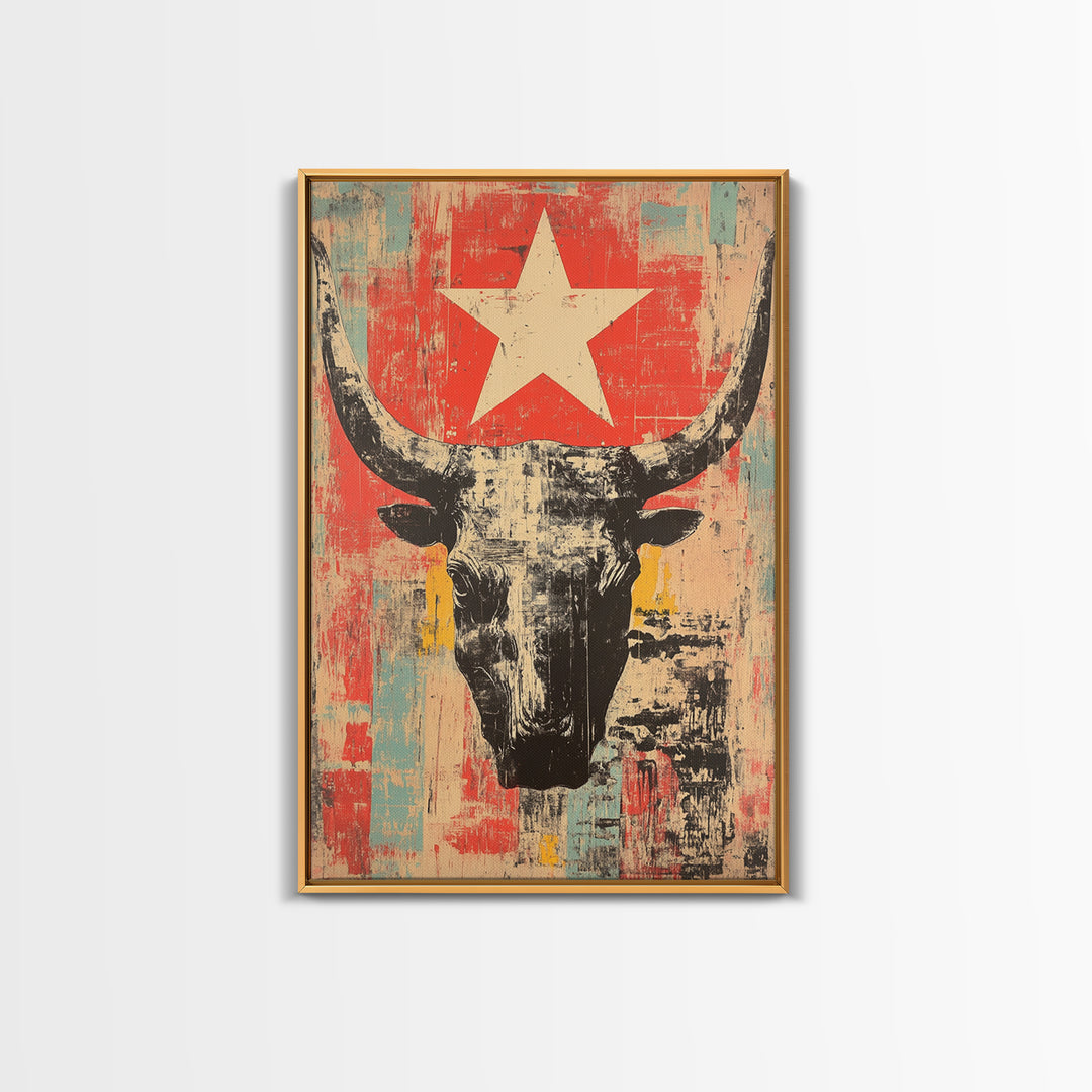 Longhorn Skull With White Star Canvas Print, Western Wall Art, Southwestern Decor, Rustic Ranch Art, Bold Living Room Decor