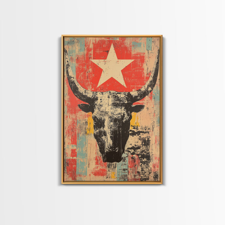 Longhorn Skull With White Star Canvas Print, Western Wall Art, Southwestern Decor, Rustic Ranch Art, Bold Living Room Decor