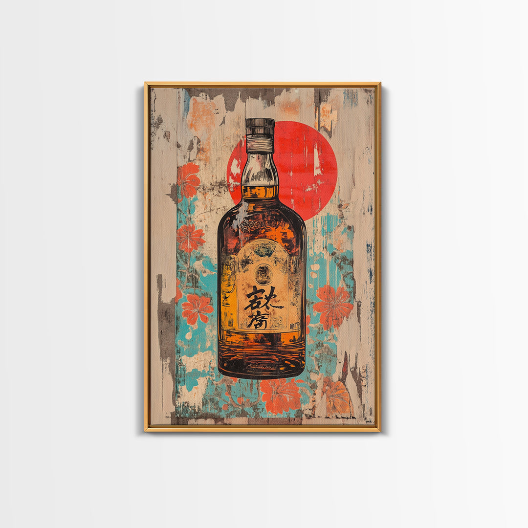 Japanese Whisky Bottle With Red Sun Canvas Print, Retro Bar Art, Floral Kitchen Decor, Home Bar Wall Decor, Gift For Him