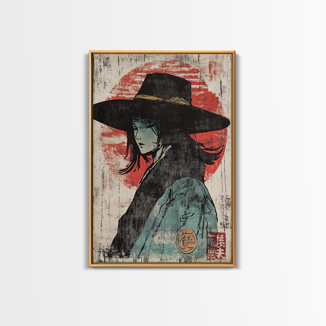 Mysterious Woman In Wide Black Hat Wall Art, Japanese Portrait Print, Anime Style Decor, Moody Wall Decor, Gift For Her, Home Decor