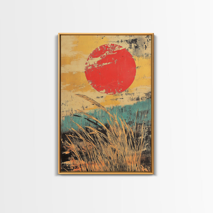 Red Sun Over Golden Reeds Canvas Print, Japanese Landscape Poster, Japandi Wall Decor, Boho Asian Inspired Home Decor, Art Print