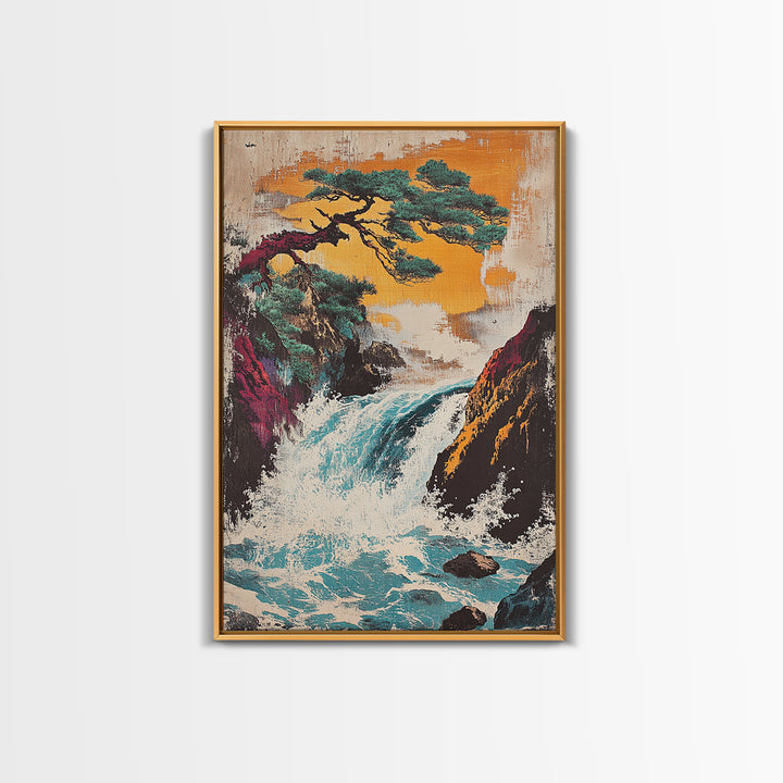 Pine Tree Waterfall Mountain Framed Canvas Print, Japanese Landscape Art, Nature Wall Decor, Serene Asian Home Decor, Living Room Art