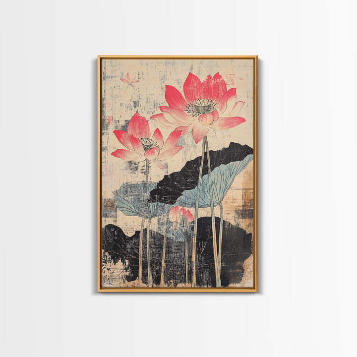 Pink Lotus Flowers With Ink Leaves Wall Art, Botanical Japanese Print, Asian Inspired Decor, Feminine Bedroom Wall Decor