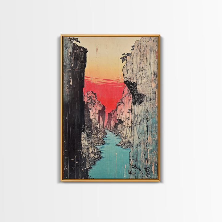 Red Sunset Canyon River Canvas Print, Japanese Gorge Landscape, Dramatic Nature Wall Decor, Asian Inspired Office Art, Home Decor